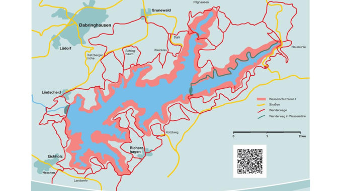 Karte der Großen Dhünn-Talsperre mit Wasserschutzzone und einem umfangreichen Wanderwegenetz // Bildquelle: Wupperverband